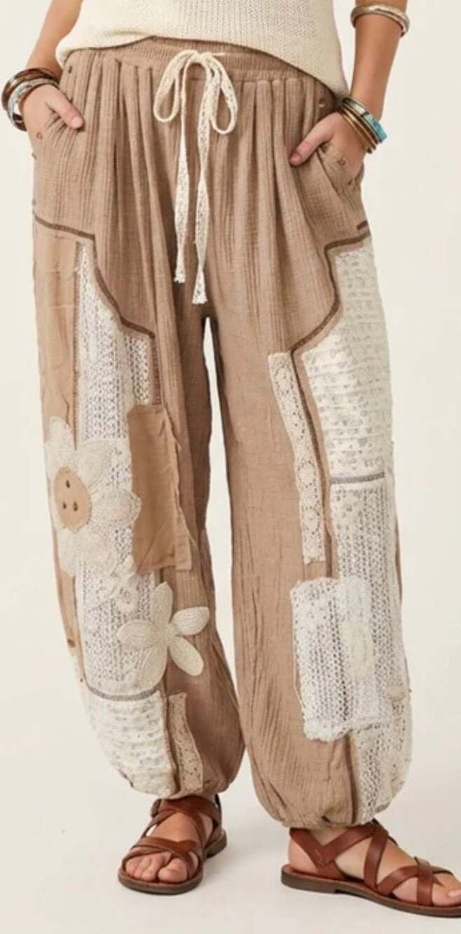 POL Beige Patchwork Boho Track Pants with Crochet Details